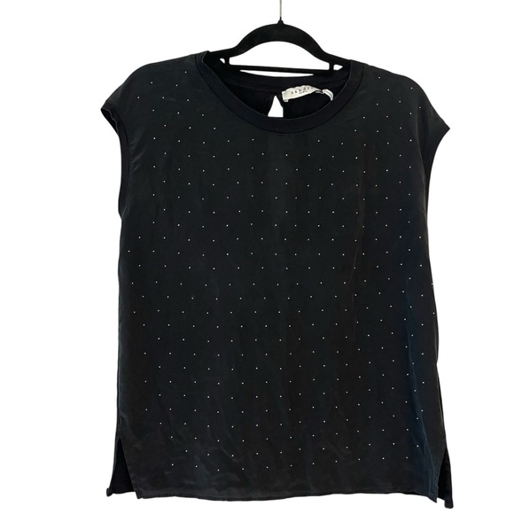 Sandro Paris Black Silver Embellished Dot Cap Sleeve Silk and Cotton Blend Top - Picture 2 of 6